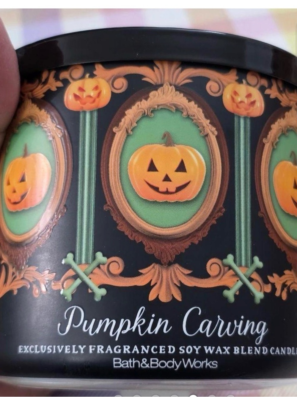 Bath & Body Works Halloween Pumpkin Portrait Candle - Black, Orange & Green